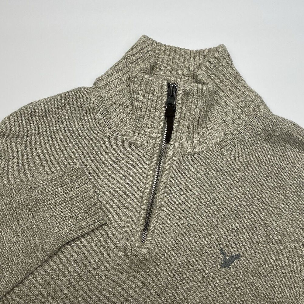 American Eagle 1/4 Zip Sweater Mens Small Long Sleeve Pullover Beige Knit Cotton